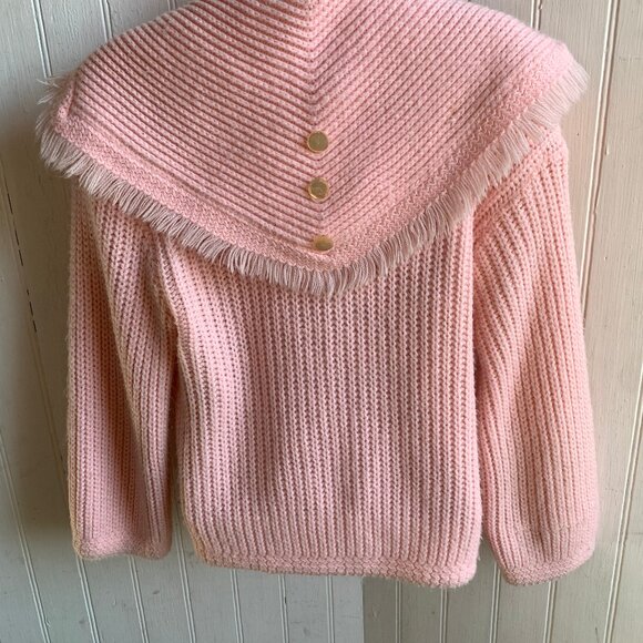 Vintage Pink Chunky Knit Ribbed Sailor Fringed Collar Cardigan Pearl Buttons - M - Picture 2 of 15